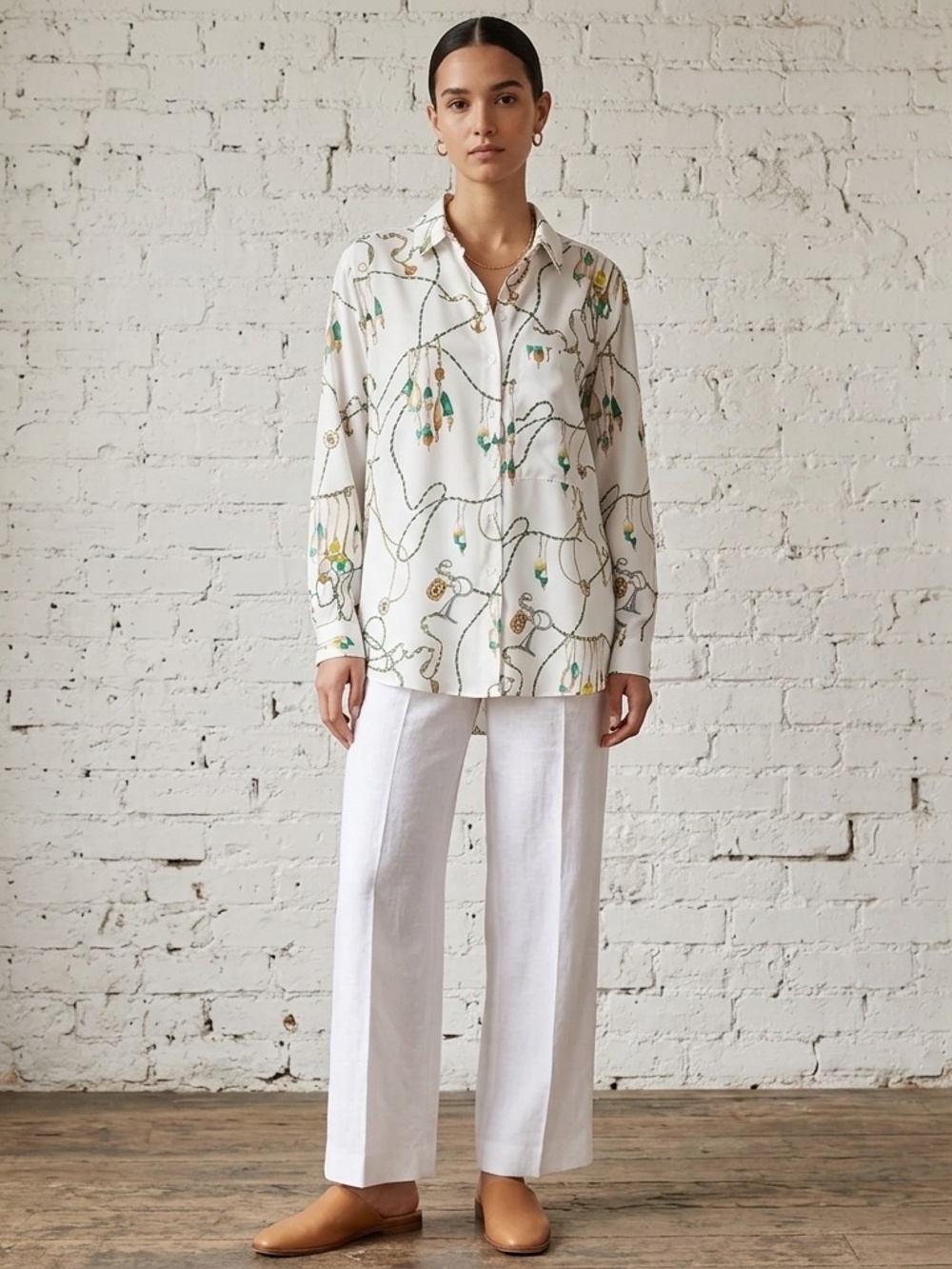 ZARA Nautical Print Button Down Blouse Oversized Small White Coastal Buoy Anchor